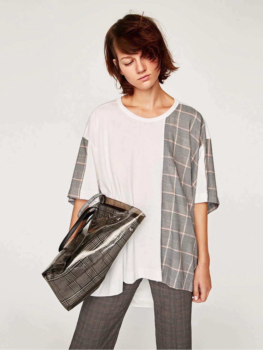 Zara Short Sleeve Oversized Tee White with Gray Plaid Panel Small